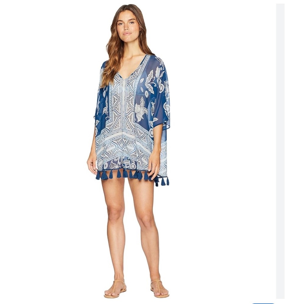 Show Me Your Mumu Blue Floral Tassel Tunic Dress Cover Up Small Boho Beach